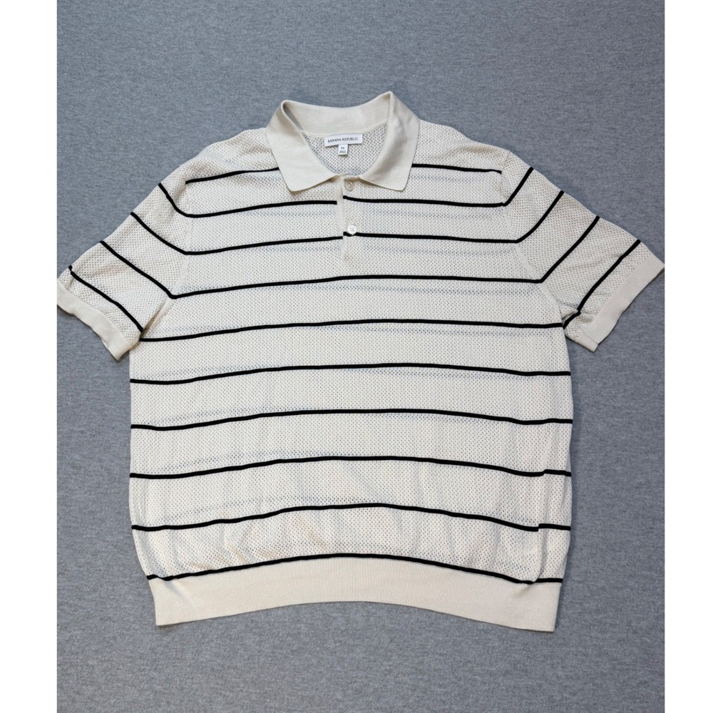 Banana Republic Mens XL Cotton Stripe Knit Polo Shirt Cream Black Pointelle 0510